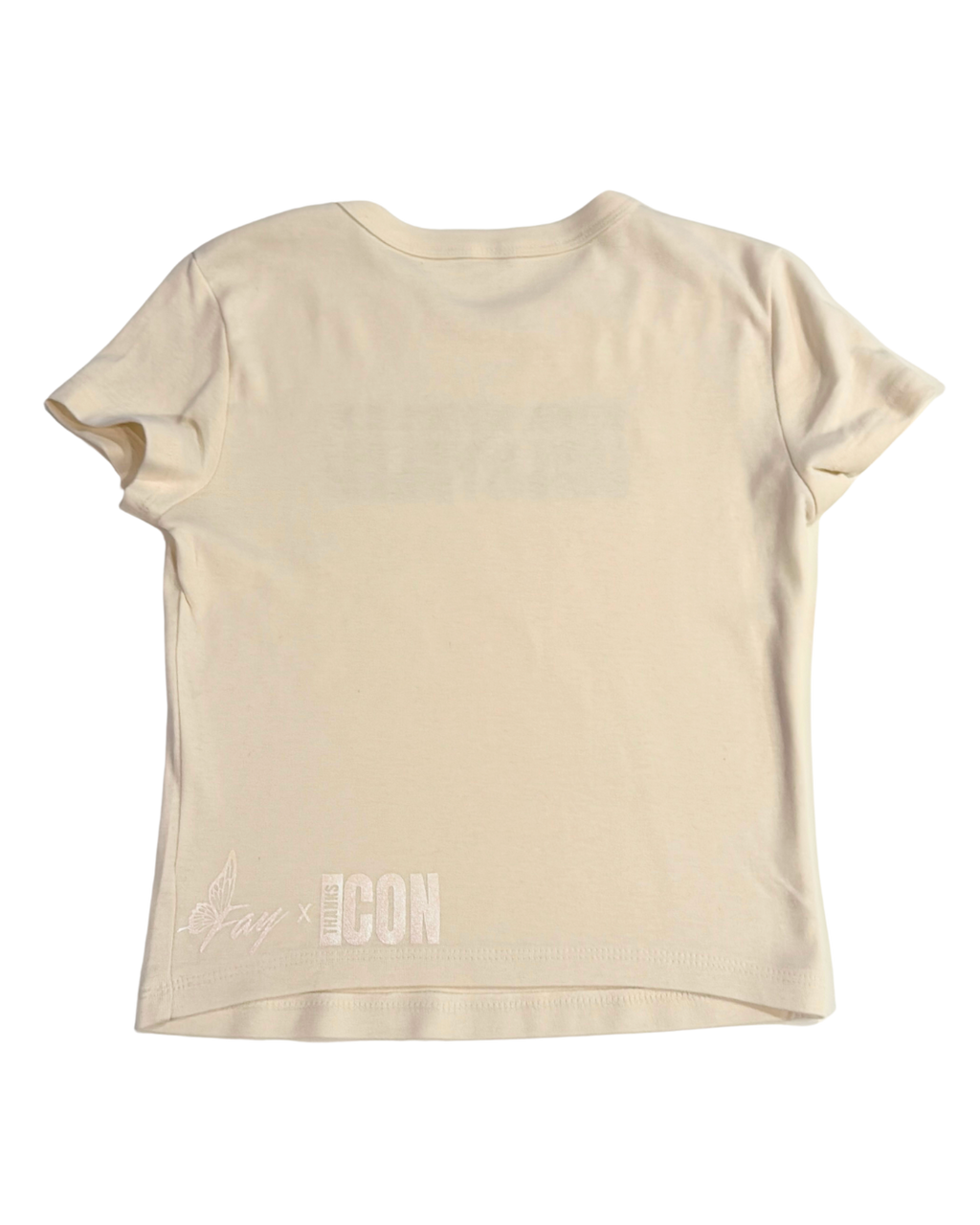 Back of off-white t-shirt with the Fay x Thank Icon logos in pearlescent vinyl against a white background