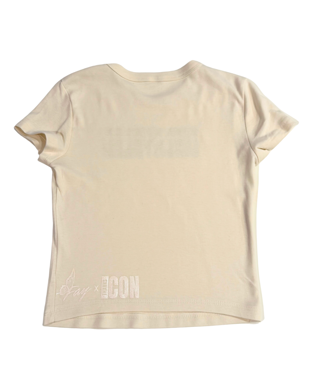 Back of off-white t-shirt with the Fay x Thank Icon logos in pearlescent vinyl against a white background