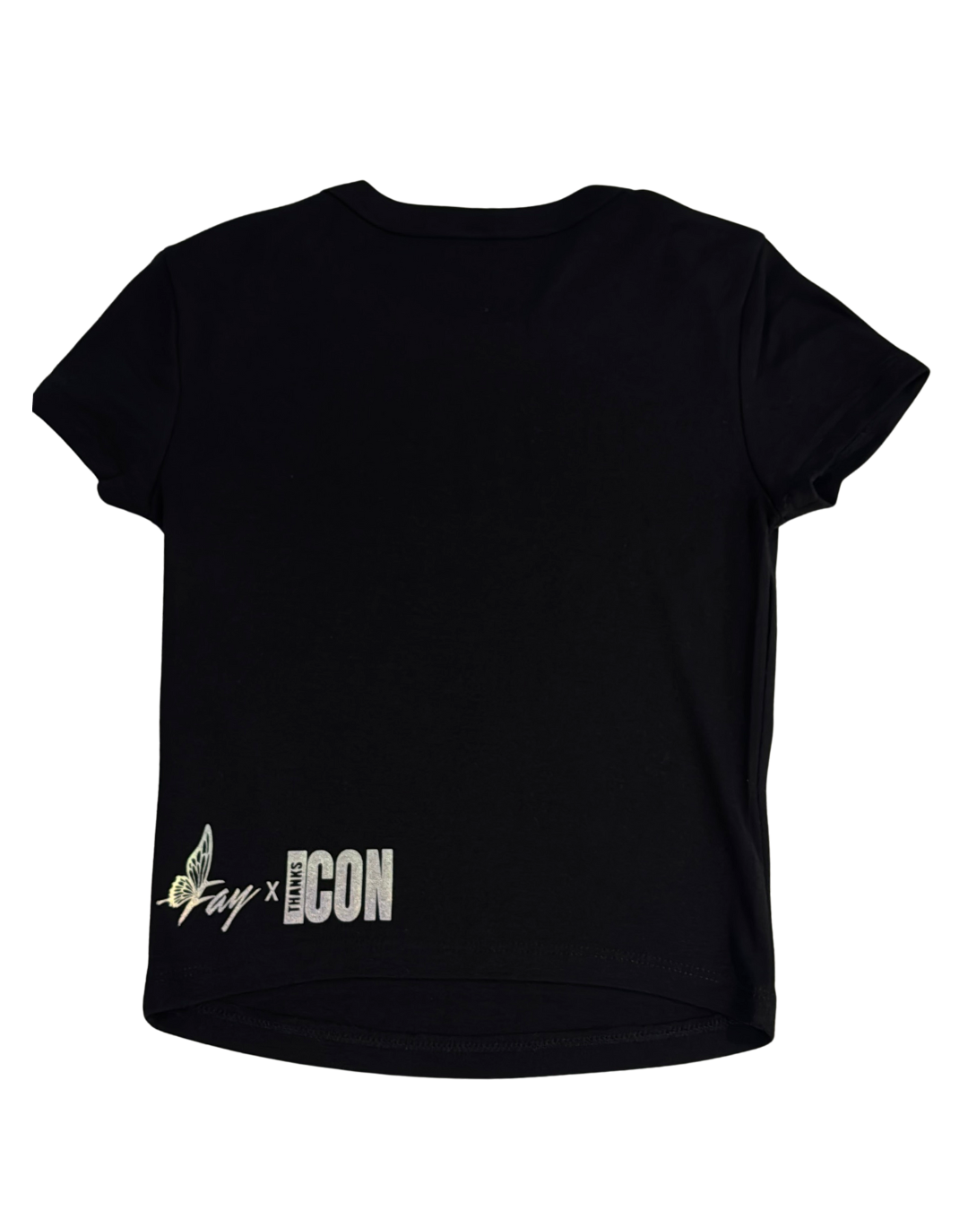 Black t-shirt with the Fay x Thank Icon logos in pearlescent vinyl against a white background