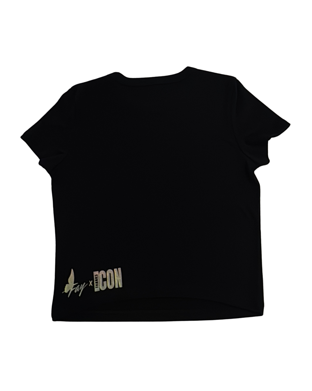 Black t-shirt with the Fay x Thanks Icon collab logo on bottom left against a white background