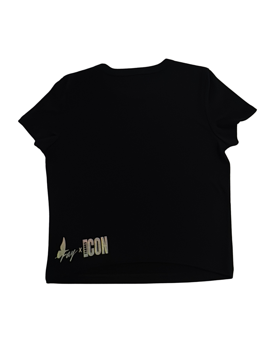 Black t-shirt with the Fay x Thanks Icon collab logo on bottom left against a white background