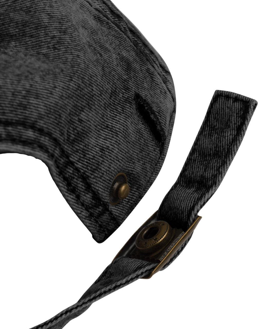 Close-up of a black denim cap with a strap on a white background