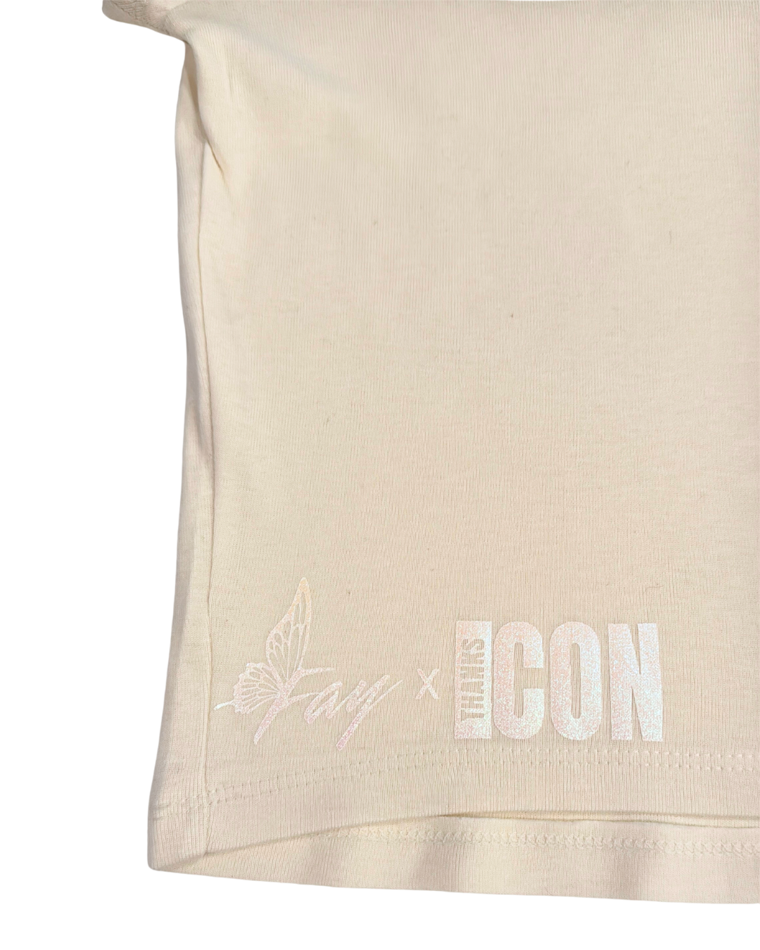 Close up, back of off-white t-shirt with the Fay x Thank Icon logos in pearlescent vinyl against a white background