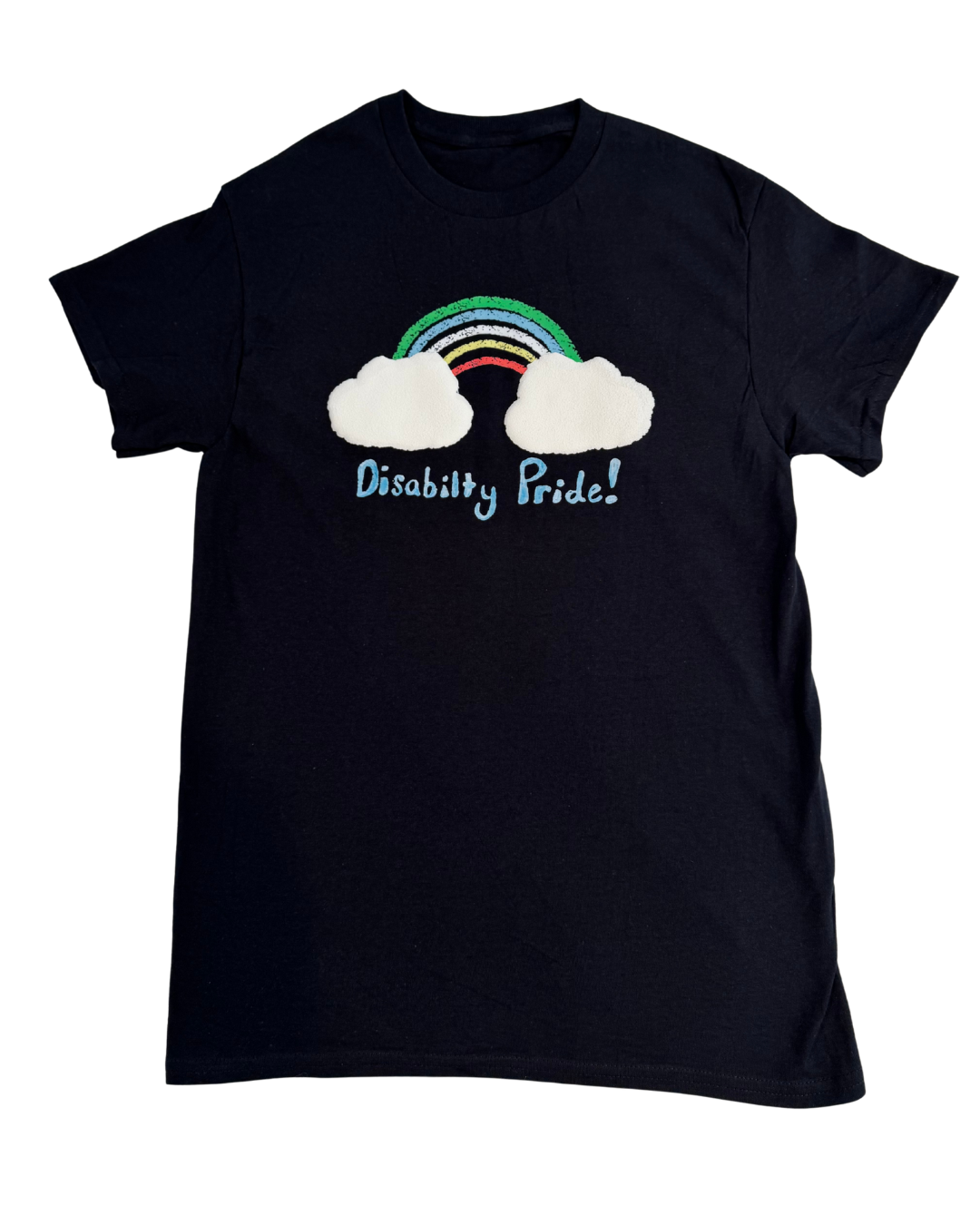 Black t-shirt with a rainbow and cloud design on a white background. Underneath, it says "disability pride!" in light blue handwriting.