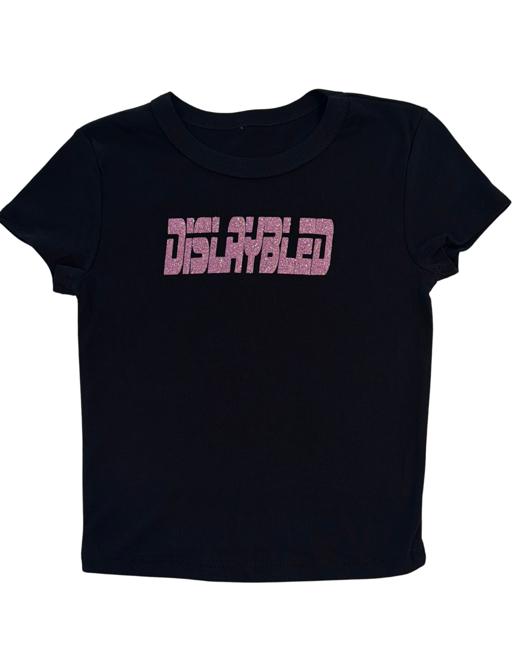 Black t-shirt with "DISLAYBLED" pink glitter text on a white background