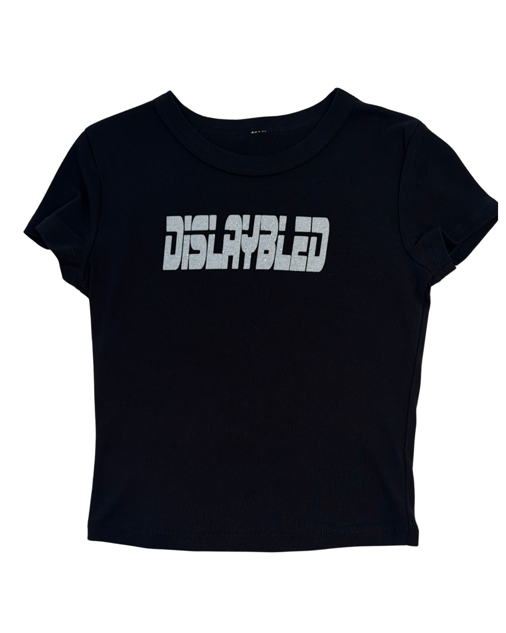 Black t-shirt with 'DISLAYBLED' white-silvery glitter text on a white background