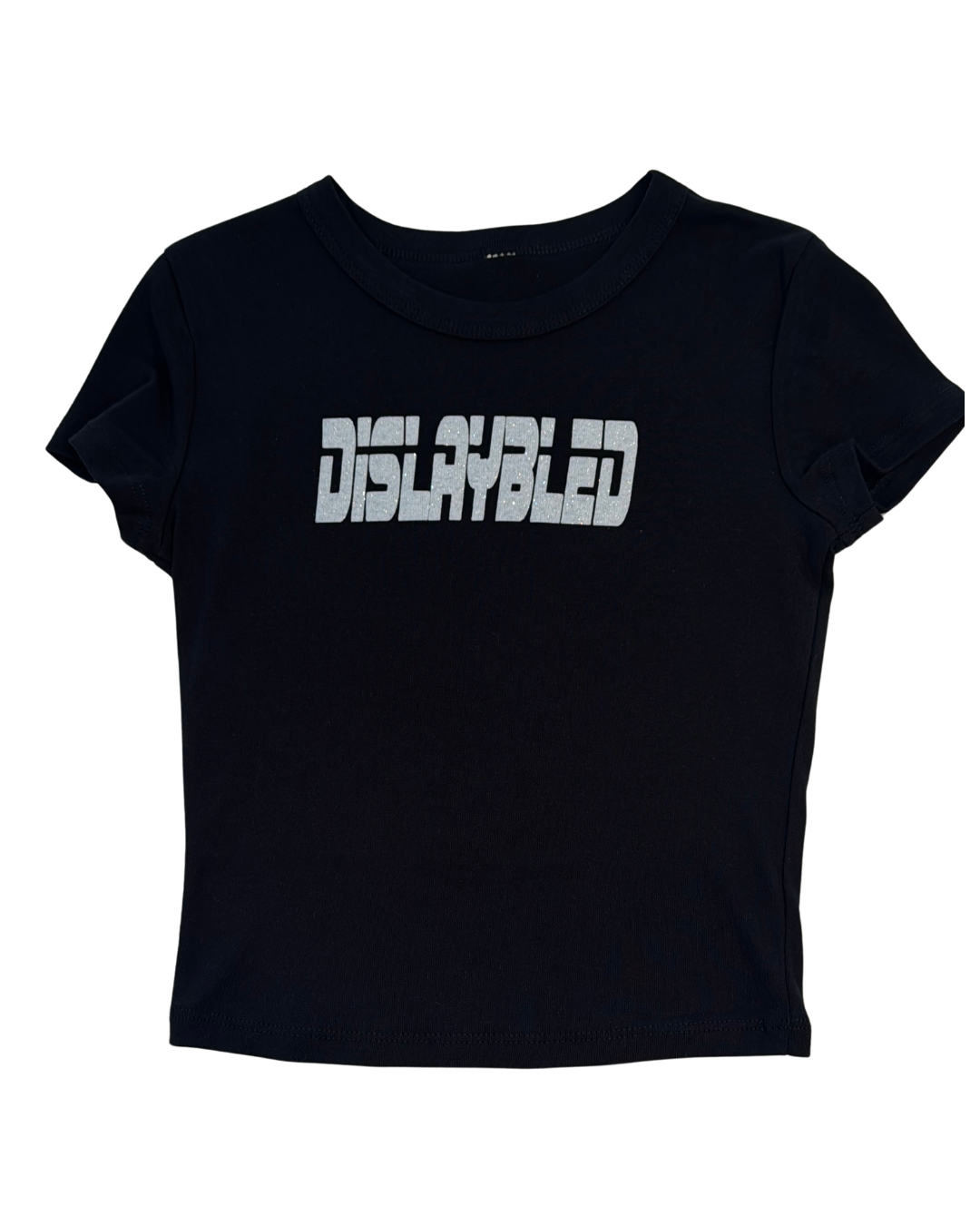 Black t-shirt with 'DISLAYBLED' white-silvery glitter text on a white background