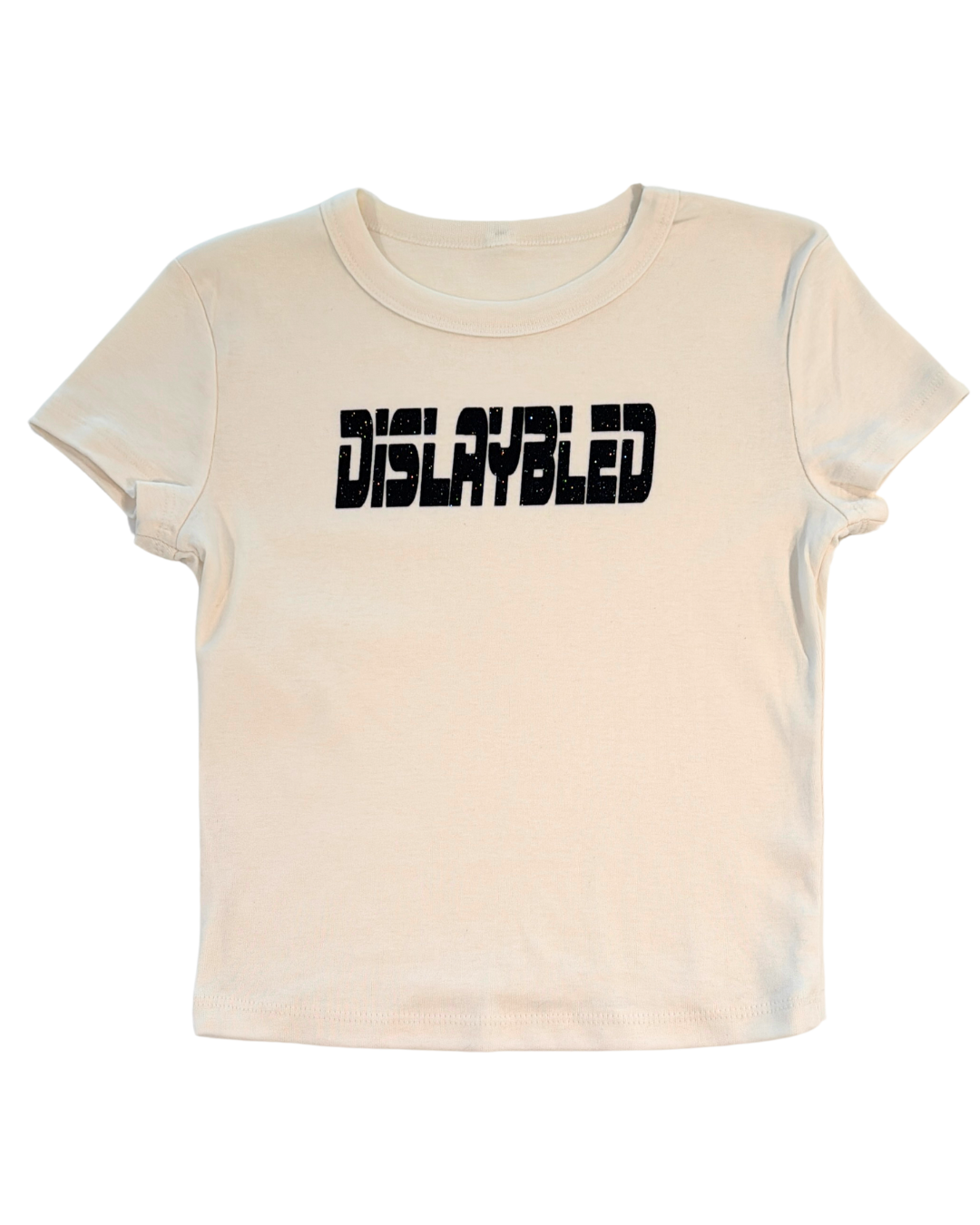 off-white t-shirt with 'DISLAYBLED' text in black glitter on a white background