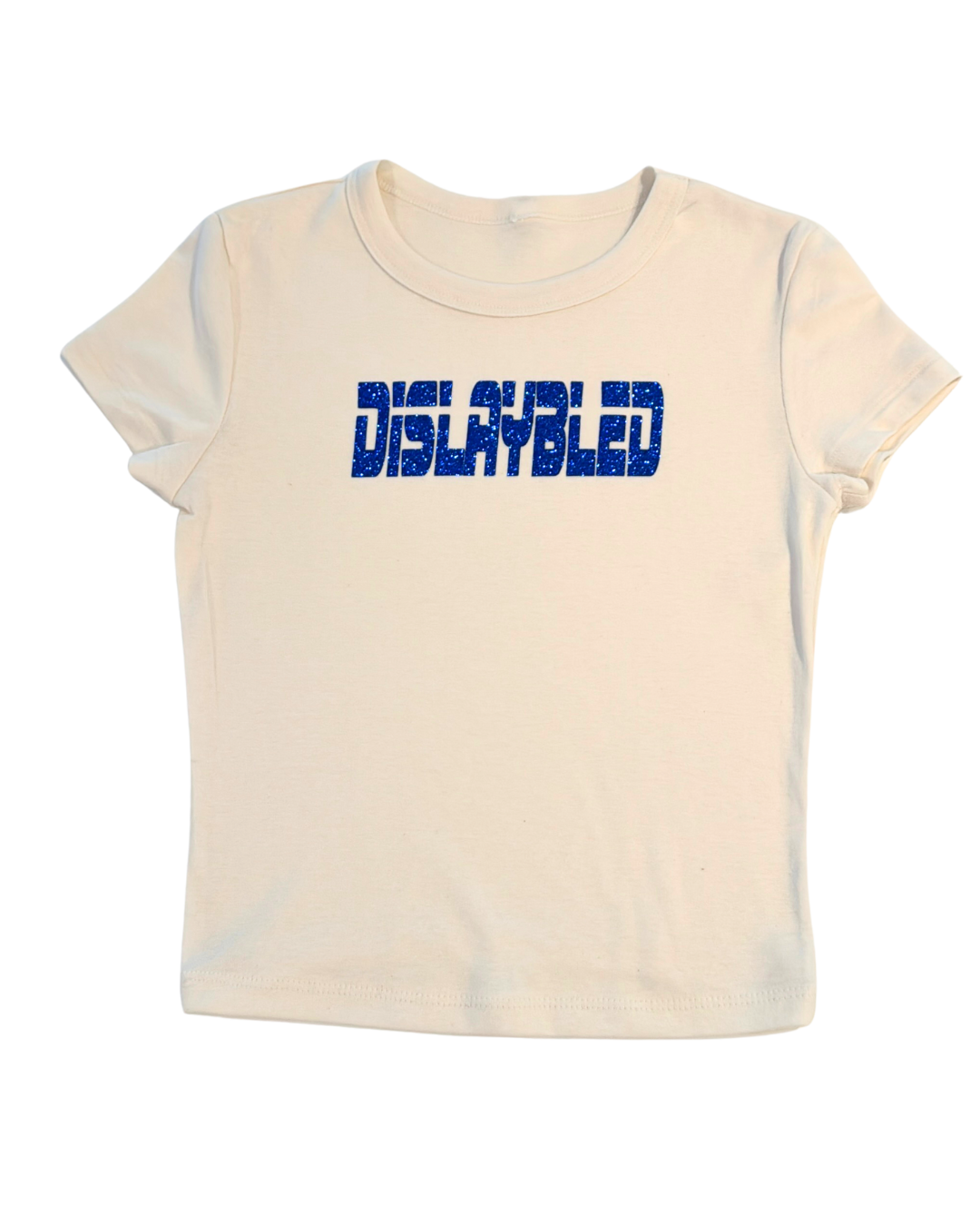 off-white t-shirt with 'DISLAYBLED' printed in blue glitter on a white background