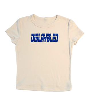 off-white t-shirt with 'DISLAYBLED' printed in blue glitter on a white background