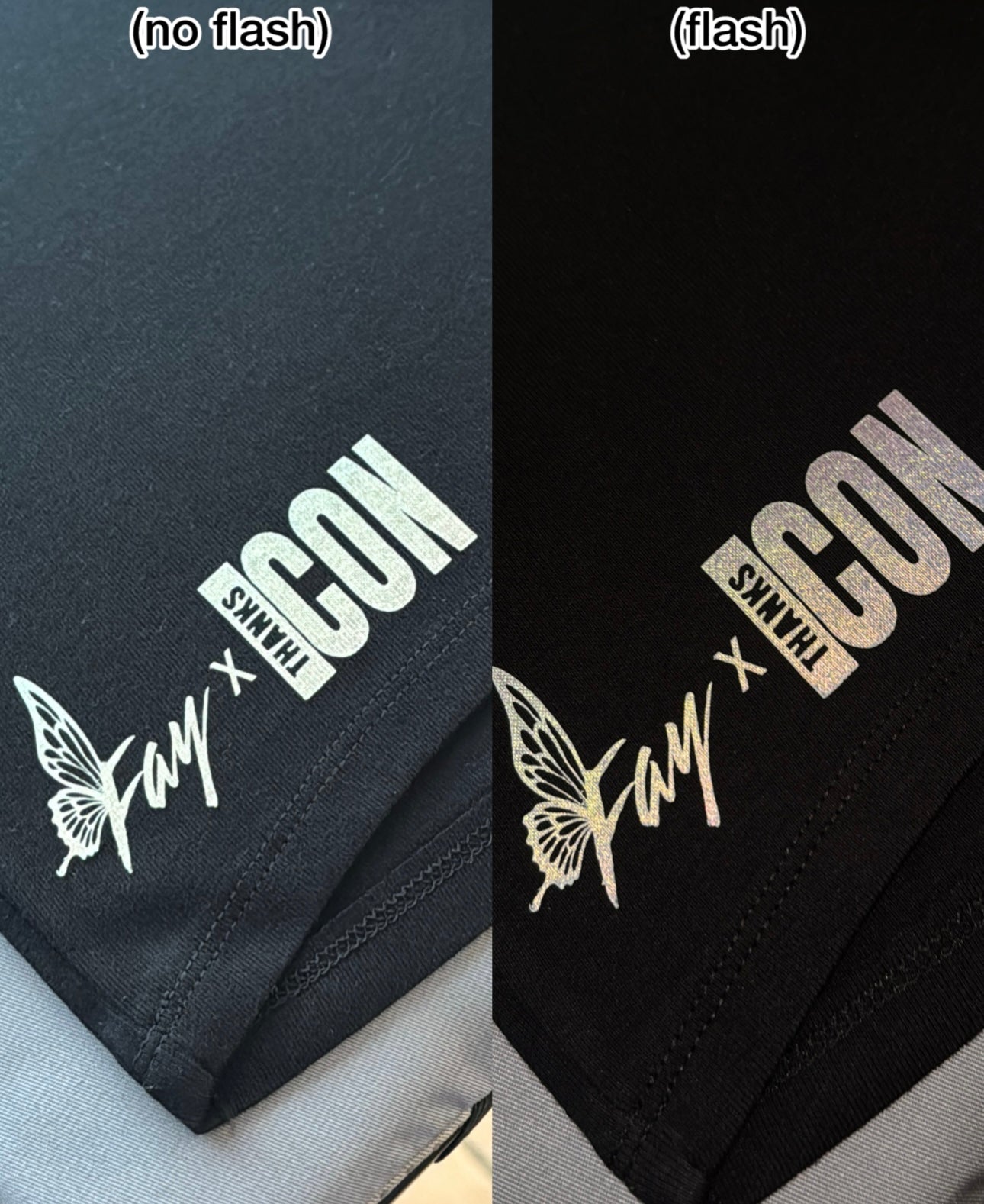 Comparison of a product with 'Fay x Thanks Icon' branding under 'no flash' and 'flash' lighting conditions.