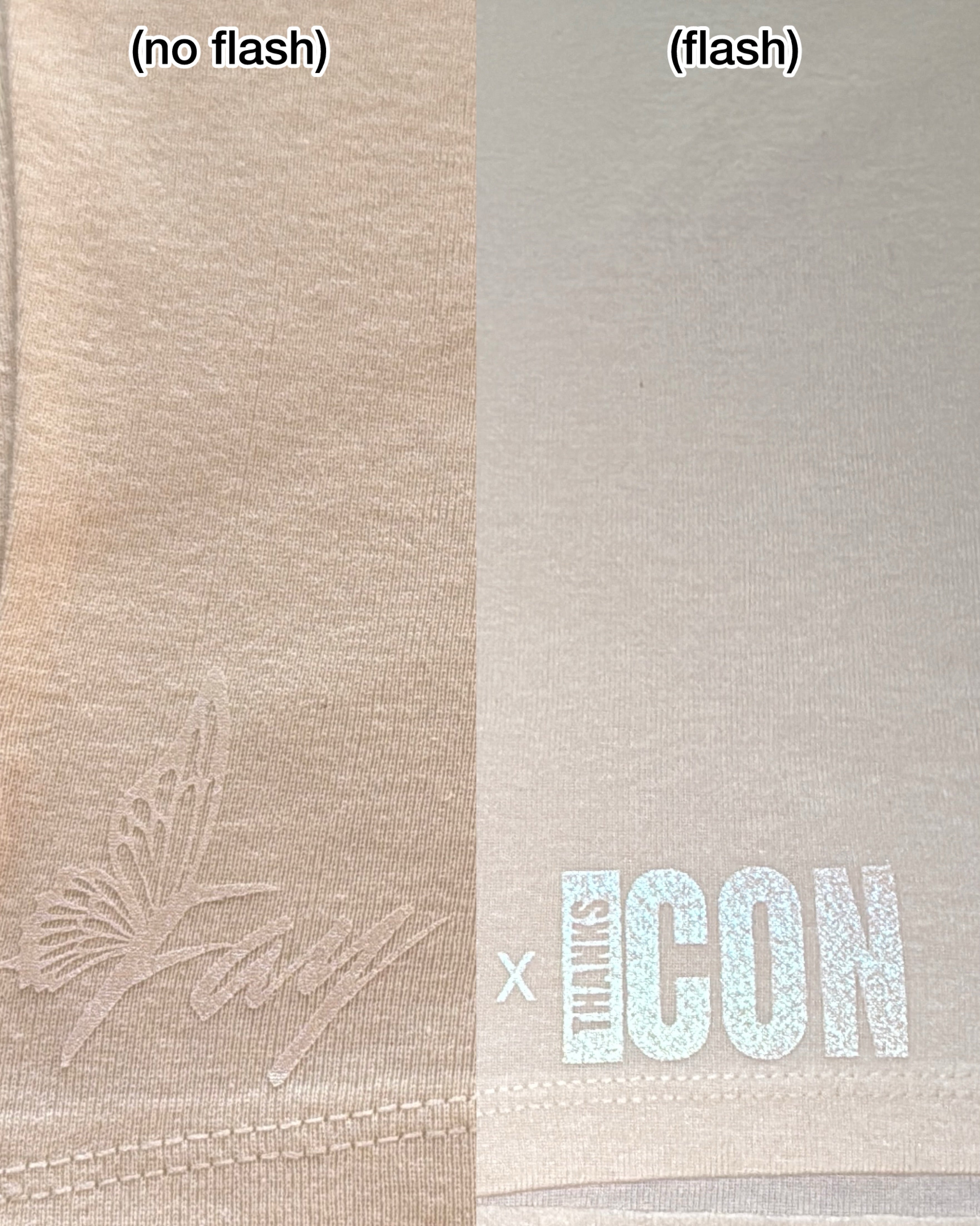Comparison of off-white with 'Fay x Thanks Icon' branding under 'no flash' and 'flash' lighting conditions.