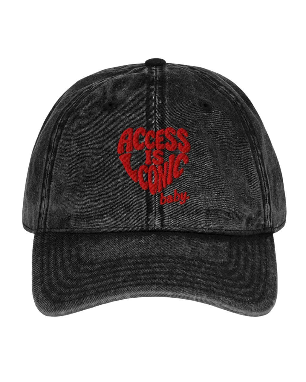 Black denim cap with red 3d embroidered "access is iconic baby" text on a  background