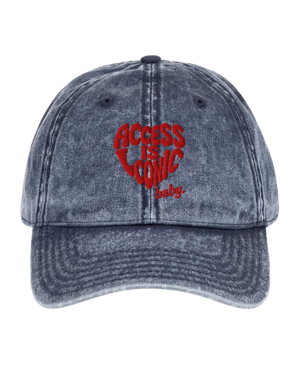 Blue denim cap with red 3d embroidery text "access is iconic baby."