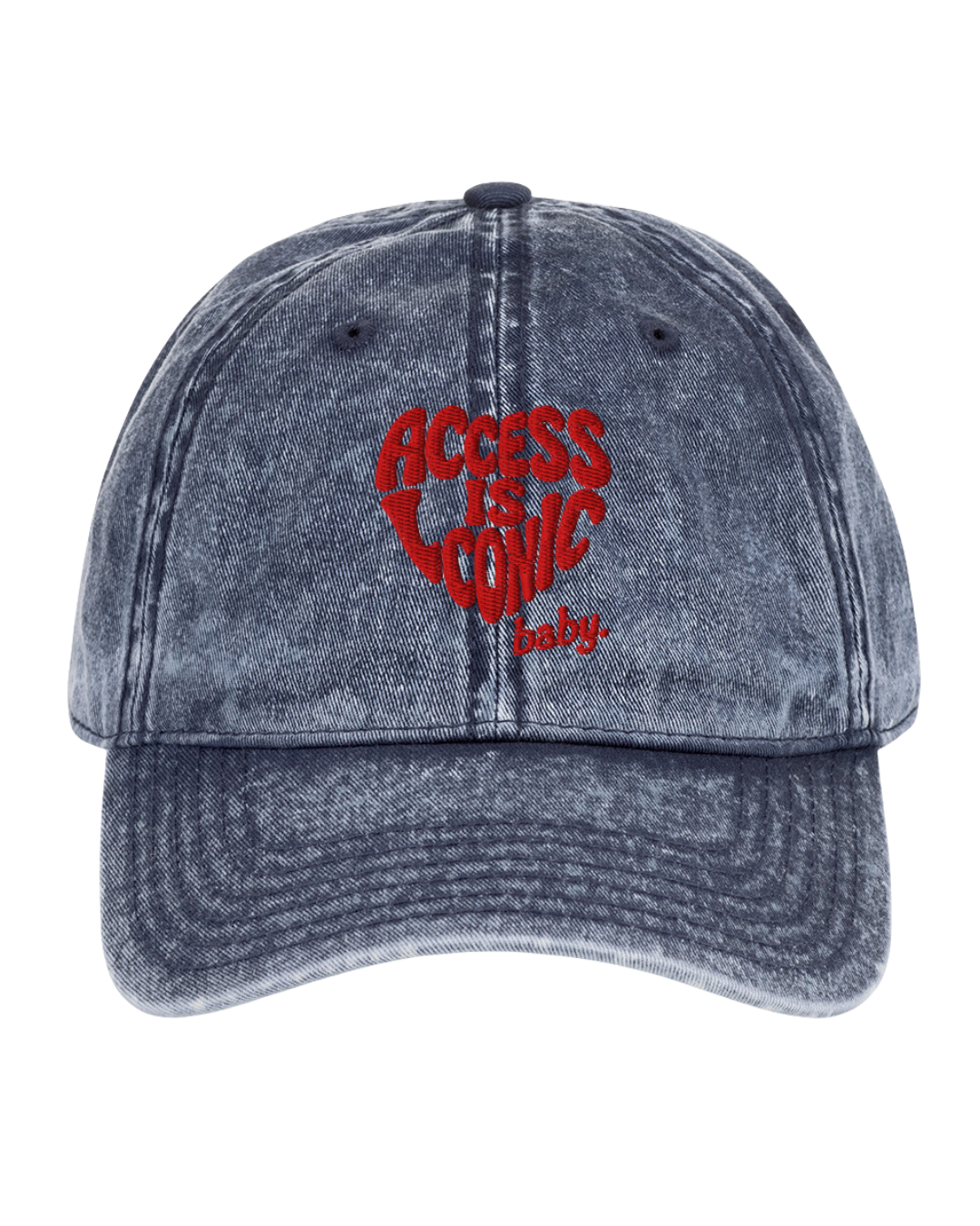 Blue denim cap with red 3d embroidery text "access is iconic baby."