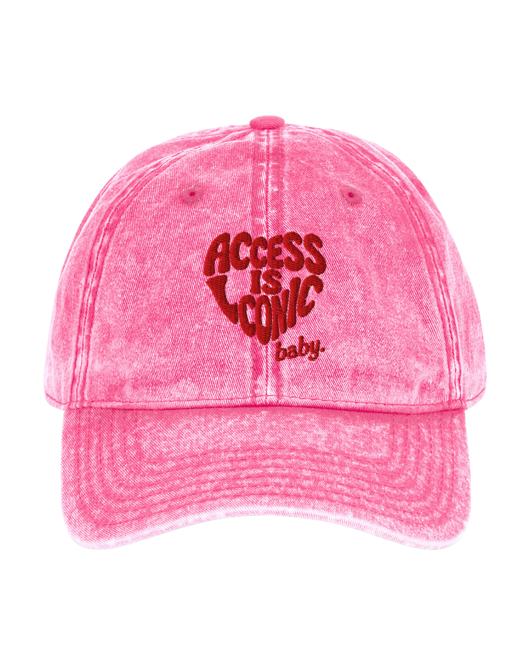 Pink cap with red 3d embroidery text that says "access is iconic baby." 