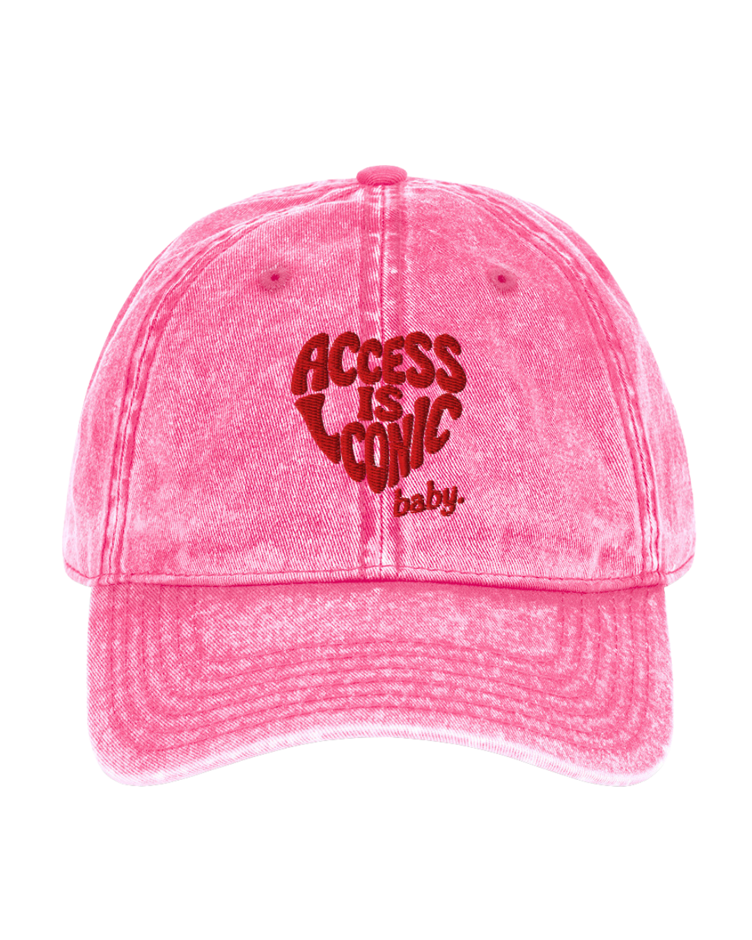Pink cap with red 3d embroidery text that says "access is iconic baby." 