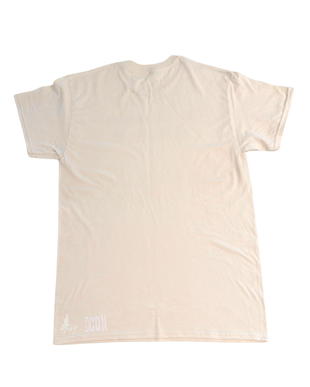 back of off-white regular tshirt with fay x thanks icon logo on bottom left corner