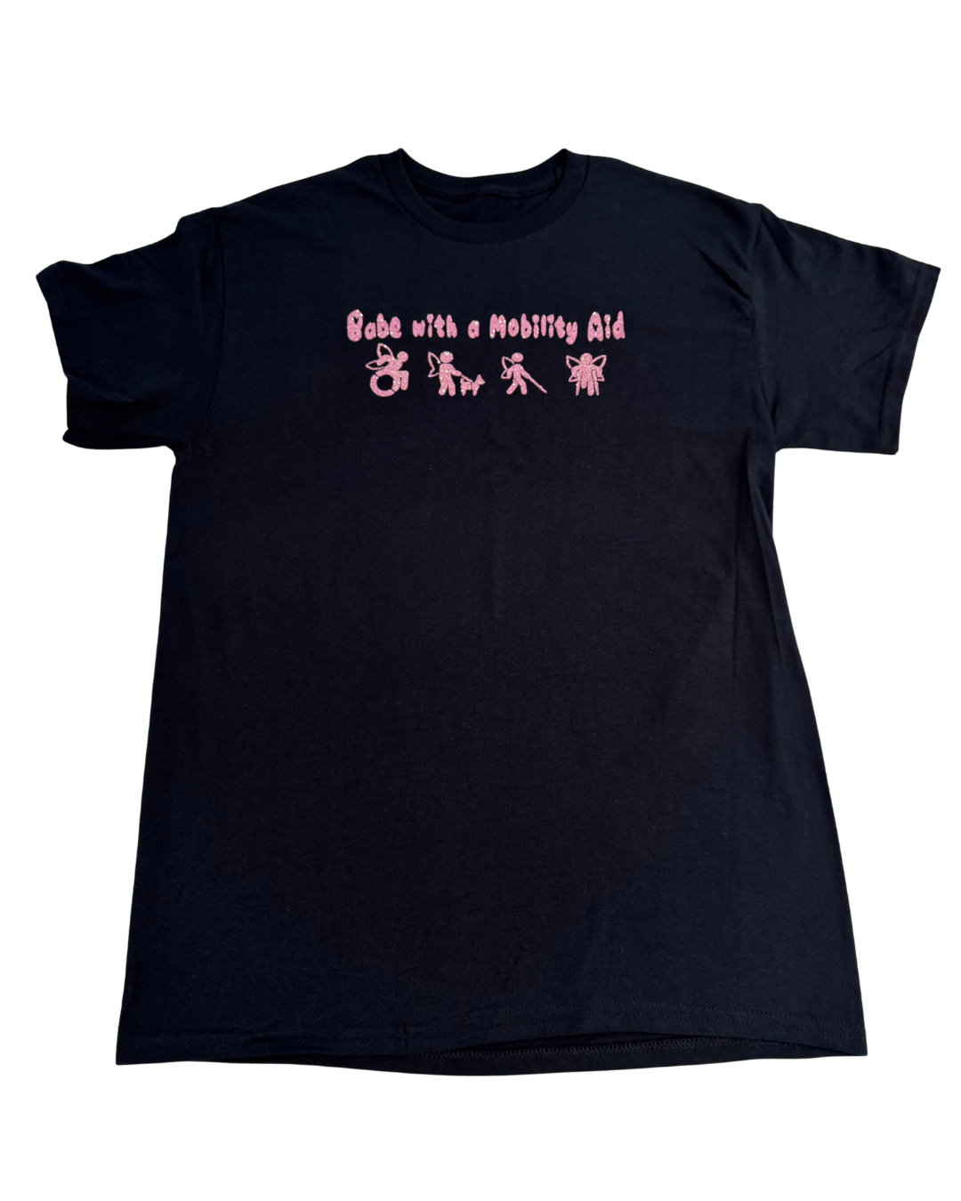 Black t-shirt with pink glitter text that says "Babe with a mobility aid" in bubble letter typography and disability symbols on a white background