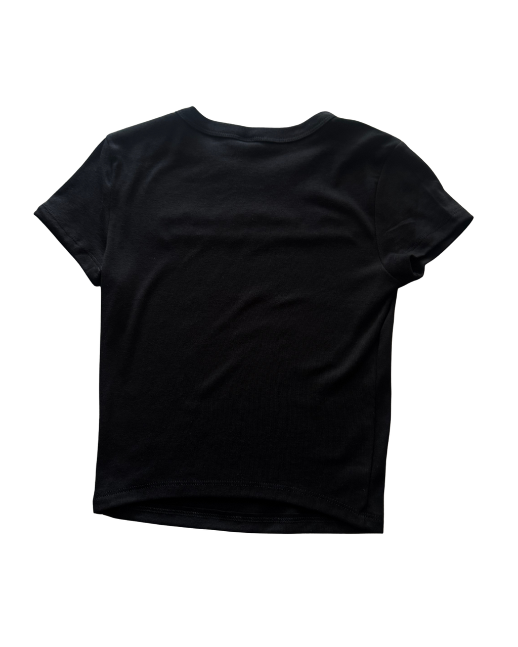 Back of black t-shirt on a white background