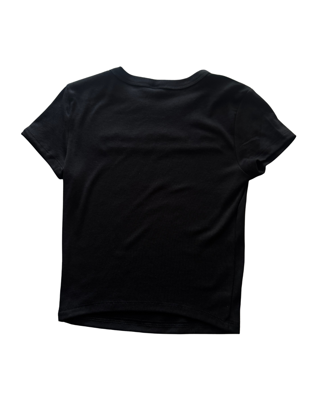 Back of black t-shirt on a white background