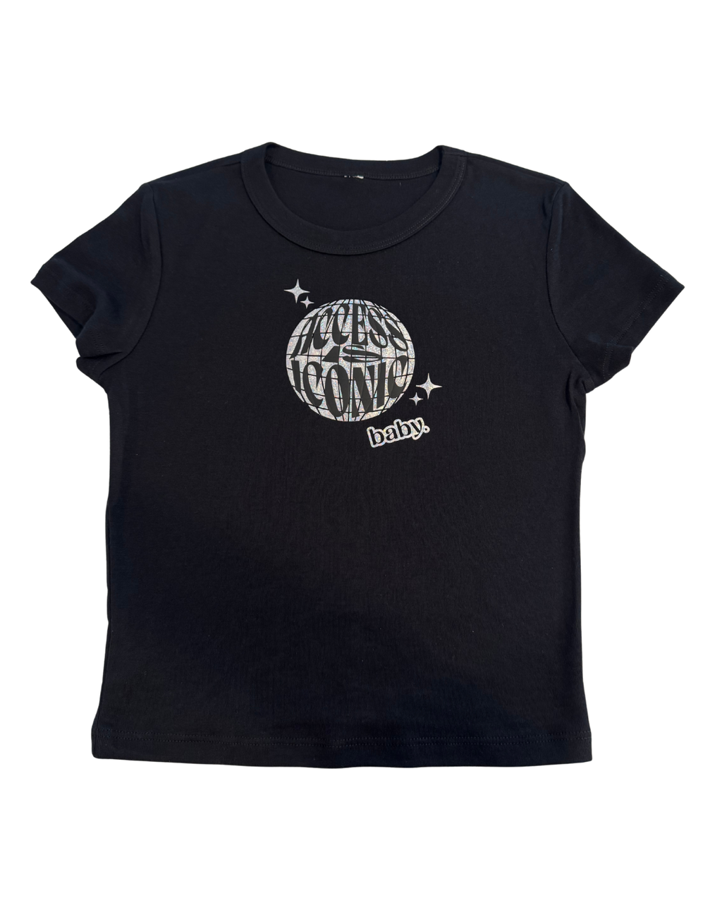 Black crop top with holographic "access is iconic baby" disco ball graphic design on it