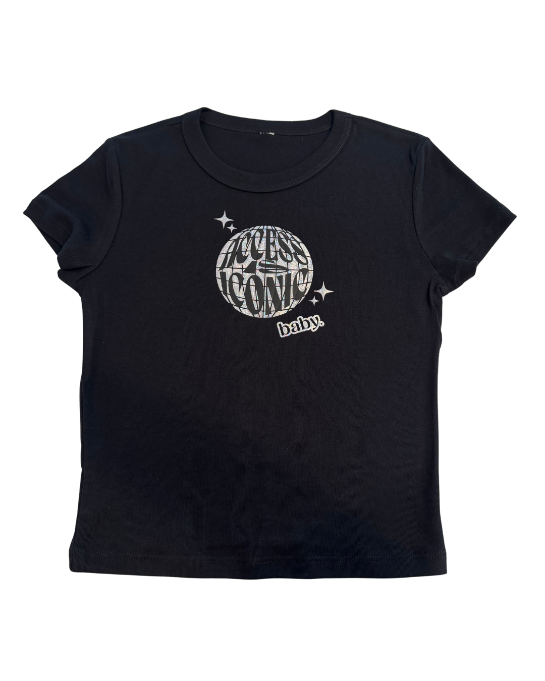 Black crop top with holographic "access is iconic baby" disco ball graphic design on it