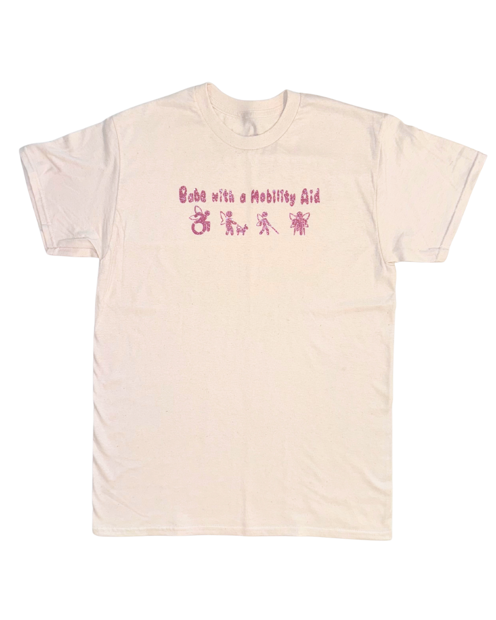 off-white regular t-shirt with pink glitter text that says "Babe with a mobility aid" in bubble letter typography and disability symbols on a white background