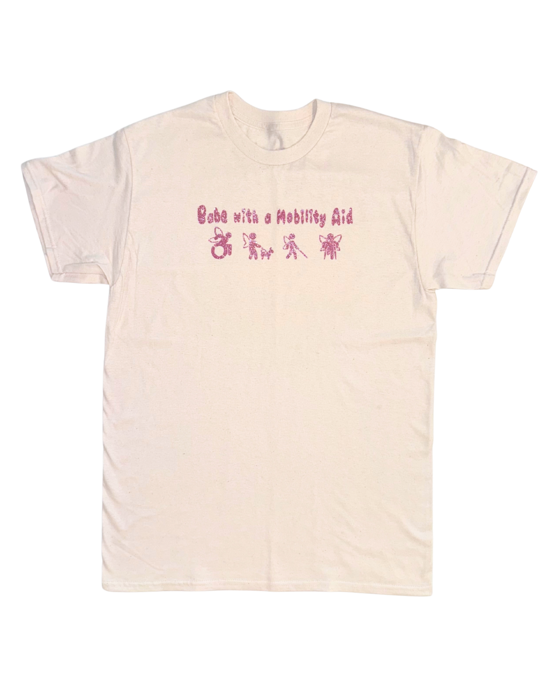 off-white regular t-shirt with pink glitter text that says "Babe with a mobility aid" in bubble letter typography and disability symbols on a white background
